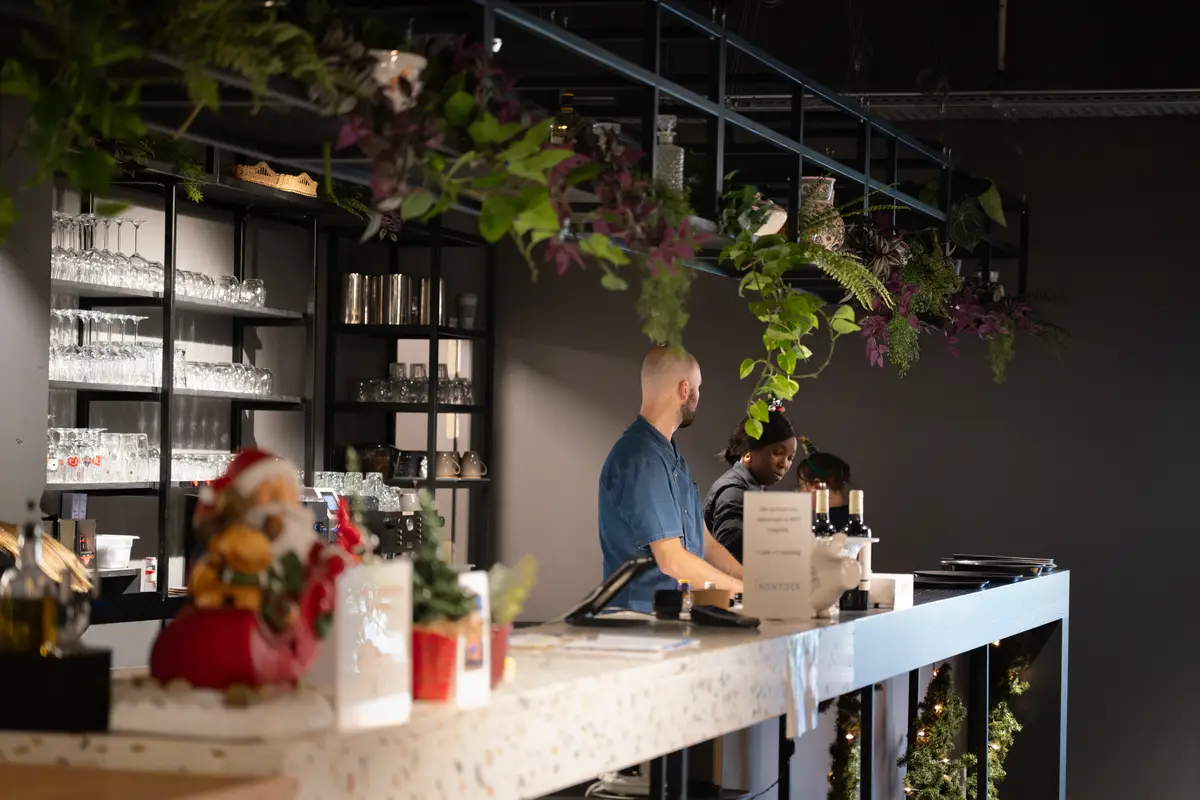 Bar bij Kontoer met terrazzo toog, hangende planten en glaswerk in open kasten